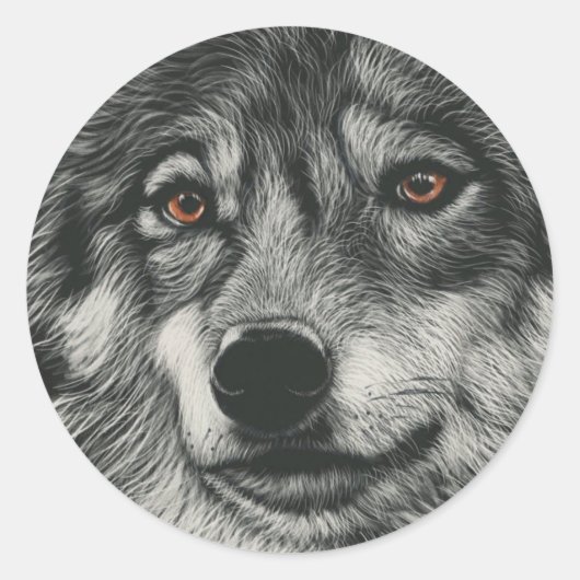 Zwarte en witte wolf illustratie ronde sticker (Voorkant)