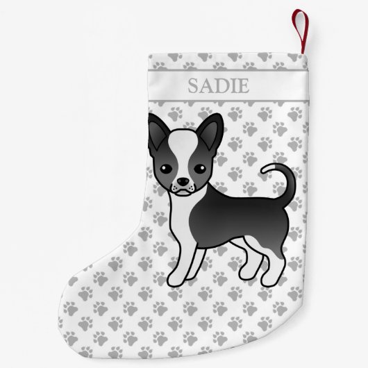 Zwarte en witte zachte laag Chihuahua Dog & Name Kleine Kerstsok (Achterkant)