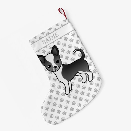 Zwarte en witte zachte laag Chihuahua Dog & Name Kleine Kerstsok (Achterkant (Hangend))