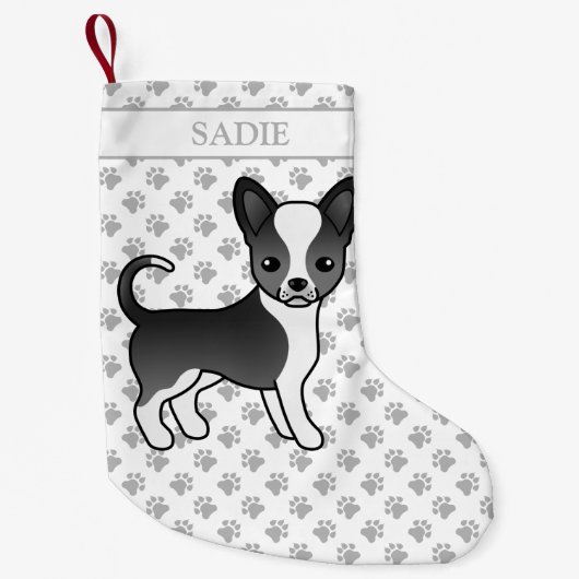 Zwarte en witte zachte laag Chihuahua Dog & Name Kleine Kerstsok (Voorkant)