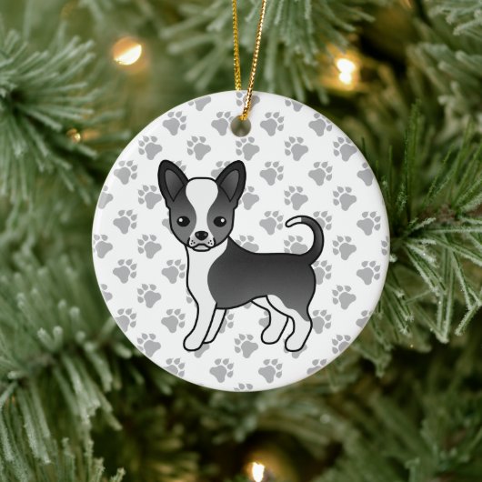 Zwarte en witte zachte laag Chihuahua Dog & Paws Keramisch Ornament (Boom)