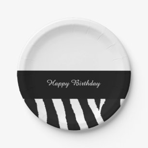 Zwarte en witte Zebra Birthday Stripe Papieren Bordje
