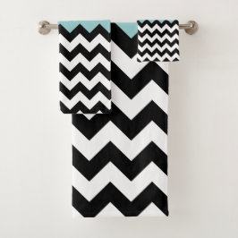 Zwarte en witte zigzag Patroon, Chevron, blauw Bad Handdoek