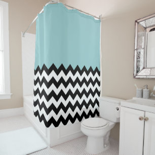Zwarte en witte zigzag Patroon, Chevron, blauw Douchegordijn