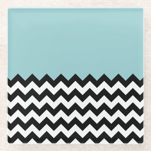 Zwarte en witte zigzag Patroon, Chevron, blauw Glazen Onderzetter (Voorkant)
