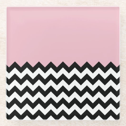 Zwarte en witte zigzag Patroon, Chevron, Roze Glazen Onderzetter (Voorkant)