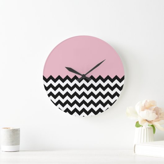 Zwarte en witte zigzag Patroon, Chevron, Roze Grote Klok (Huis)