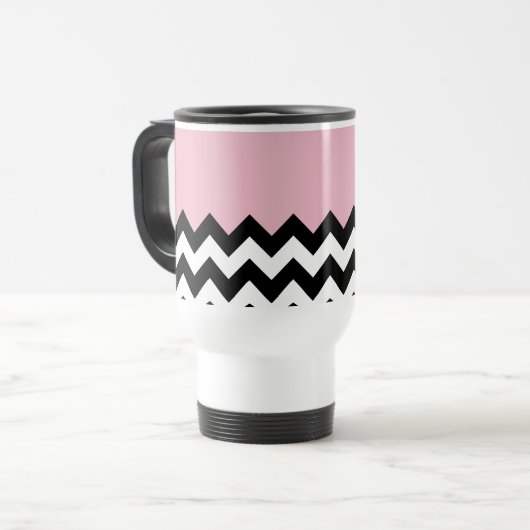 Zwarte en witte zigzag Patroon, Chevron, Roze Reisbeker (Voorkant links)