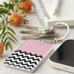 Zwarte en witte zigzag Patroon, Chevron, Roze Sleutelhanger