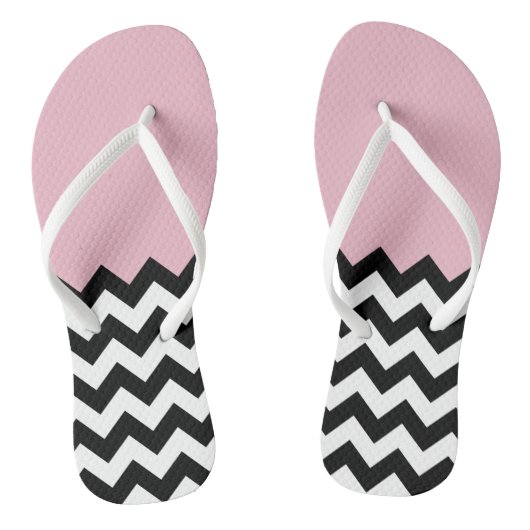 Zwarte en witte zigzag Patroon, Chevron, Roze Teenslippers (Voetbed)
