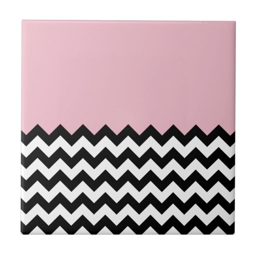 Zwarte en witte zigzag Patroon, Chevron, Roze Tegeltje (Voorkant)