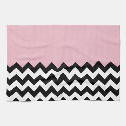 Zwarte en witte zigzag Patroon, Chevron, Roze Theedoek (Horizontaal)