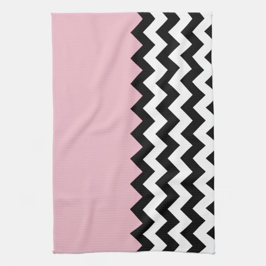 Zwarte en witte zigzag Patroon, Chevron, Roze Theedoek (Verticaal)
