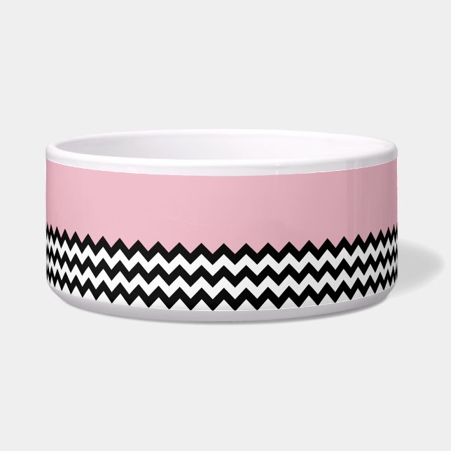 Zwarte en witte zigzag Patroon, Chevron, Roze Voerbakje (Voorkant)