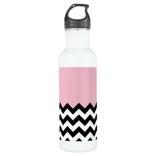 Zwarte en witte zigzag Patroon, Chevron, Roze Waterfles (Voorkant)