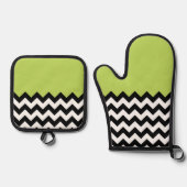 Zwarte en witte zigzag Pattern, Chevron, Green Ovenwant & Pannenlap Set (Voorkant)