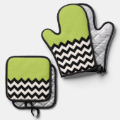 Zwarte en witte zigzag Pattern, Chevron, Green Ovenwant & Pannenlap Set (Voorkant / Achterkant)