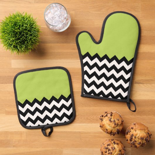 Zwarte en witte zigzag Pattern, Chevron, Green Ovenwant & Pannenlap Set (Top down)