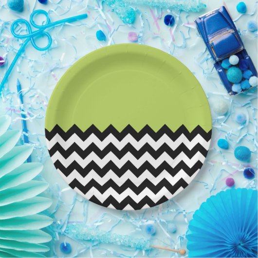 Zwarte en witte zigzag Pattern, Chevron, Green Papieren Bordje (Feest)