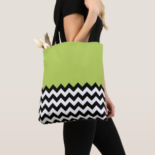 Zwarte en witte zigzag Pattern, Chevron, Green Tote Bag
