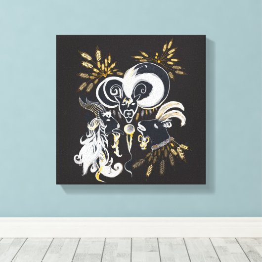 Zwarte en witte zingende Geiteninkschildering Canvas Afdruk (Insitu (Houten vloer))