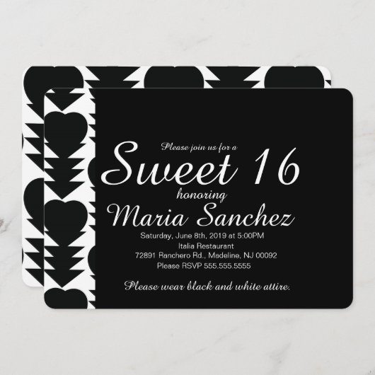 Zwarte en witte zoete 16 Heart Birthday Party Kaart (Voorkant / Achterkant)