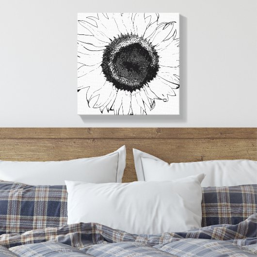 Zwarte en witte zonnebloem canvas afdruk (Insitu (Slaapkamer))