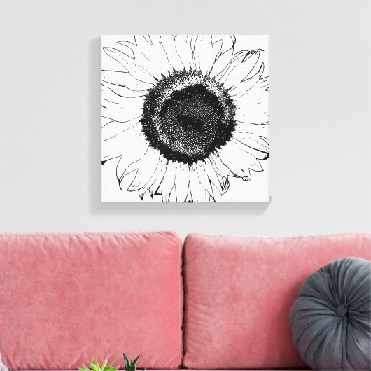 Zwarte en witte zonnebloem canvas afdruk (Insitu (Woonkamer))
