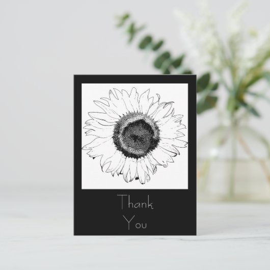 Zwarte en Witte Zonnebloem Dank u Briefkaart (Staand voorkant)
