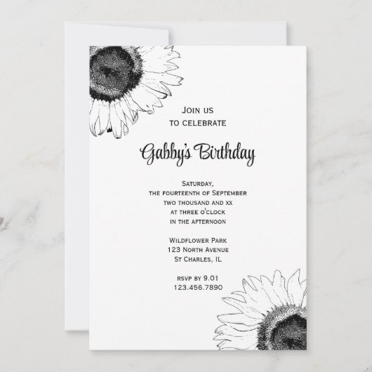 Zwarte en Witte Zonnebloemen Birthday Party Kaart (Voorkant)