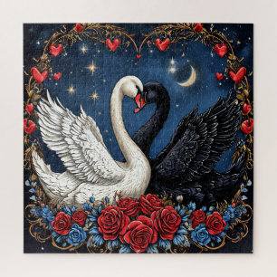 Zwarte en Witte Zwanen met Harten en Rozen Legpuzzel