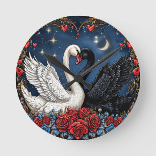 Zwarte en Witte Zwanen met Harten en Rozen Ronde Klok