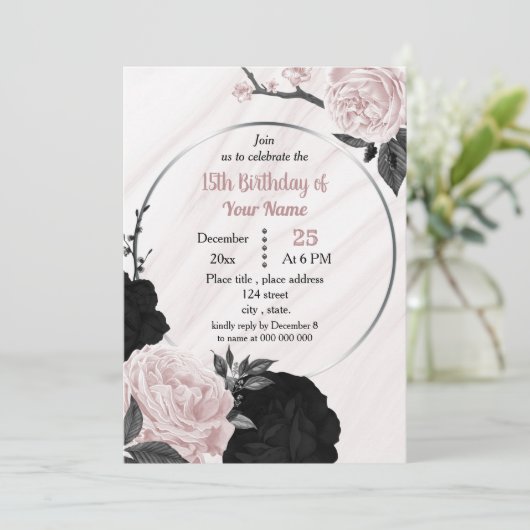 Zwarte en zachte roze florale geometrische verjaar kaart (Staand voorkant)