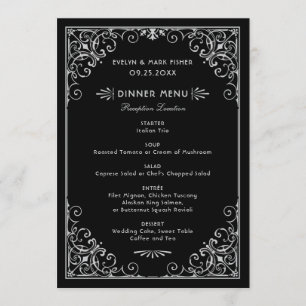 Zwarte en zilveren art deco-huwelijksdiner in vint menu
