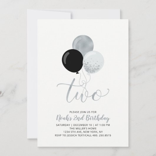 Zwarte en zilveren ballonnen Jongen 2e verjaardag Kaart (Voorkant)