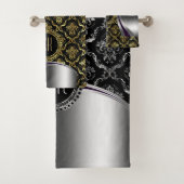 Zwarte en zilveren bloemdamast bad handdoek (Insitu)