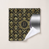 Zwarte en zilveren bloemdamast bad handdoek (Wasdoekje)