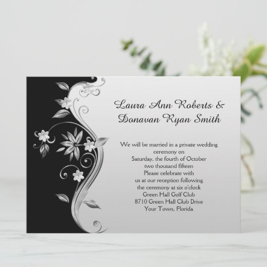 Zwarte en zilveren bloemige receptie alleen kaart (Staand voorkant)