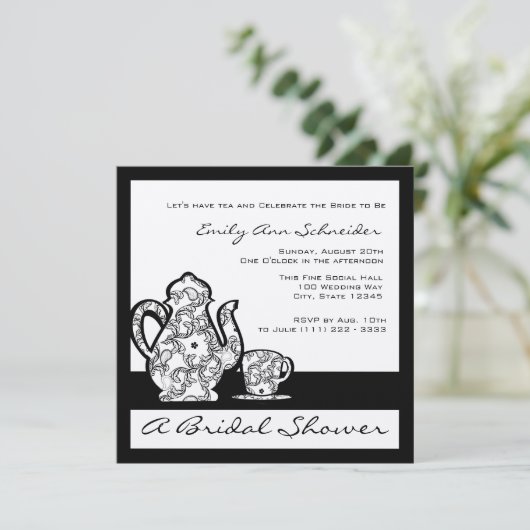 Zwarte en zilveren bruids thee douche kaart (Staand voorkant)