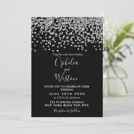 Zwarte en zilveren Confetti Elegant Modern Wedding Kaart (Staand voorkant)