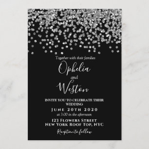 Zwarte en zilveren Confetti Elegant Modern Wedding Kaart