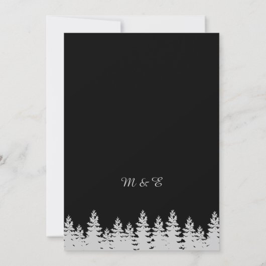 Zwarte en Zilveren Dennenbomen Wintertrouwdag Kaart (Achterkant)