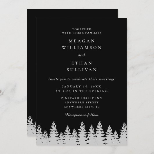 Zwarte en Zilveren Dennenbomen Wintertrouwdag Kaart (Voorkant / Achterkant)