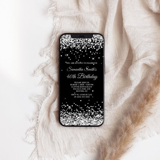 Zwarte en Zilveren Glitter 40th Birthday Kaart