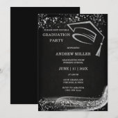 Zwarte en Zilveren Glitter Afstudeerceremonie Kaart (Voorkant / Achterkant)