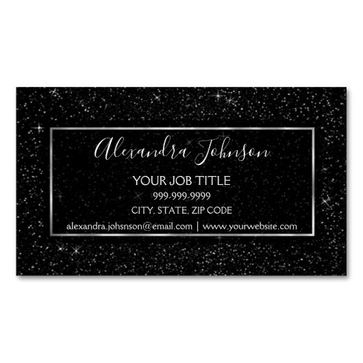 Zwarte en zilveren glitter Sparkle Glitter Stars Magnetisch Visitekaartje (Voorkant)