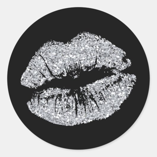 Zwarte en zilveren glitterlips ronde sticker (Voorkant)