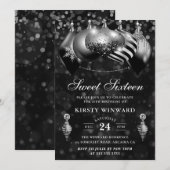 Zwarte en zilveren kerstbollen Sweet Sixteen Kaart (Voorkant / Achterkant)