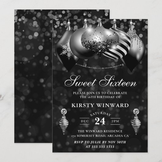 Zwarte en zilveren kerstbollen Sweet Sixteen Kaart (Voorkant / Achterkant)