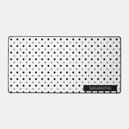 Zwarte en zilveren polka stippen op een witte acht bureaumat (Voorkant)